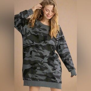 Umgee Gray Camo Long Sleeve Sweatshirt Oversized Fit Mini Dress Size Small